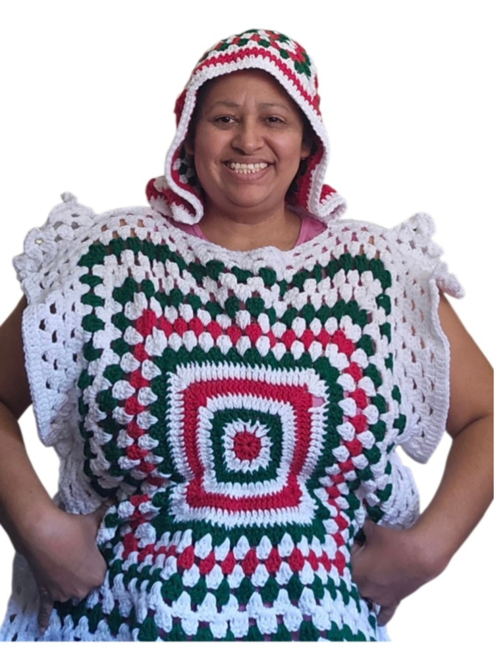 Hand Crafted knit Crochet Christmas Granny Square Hooded Sweater Wearable Art